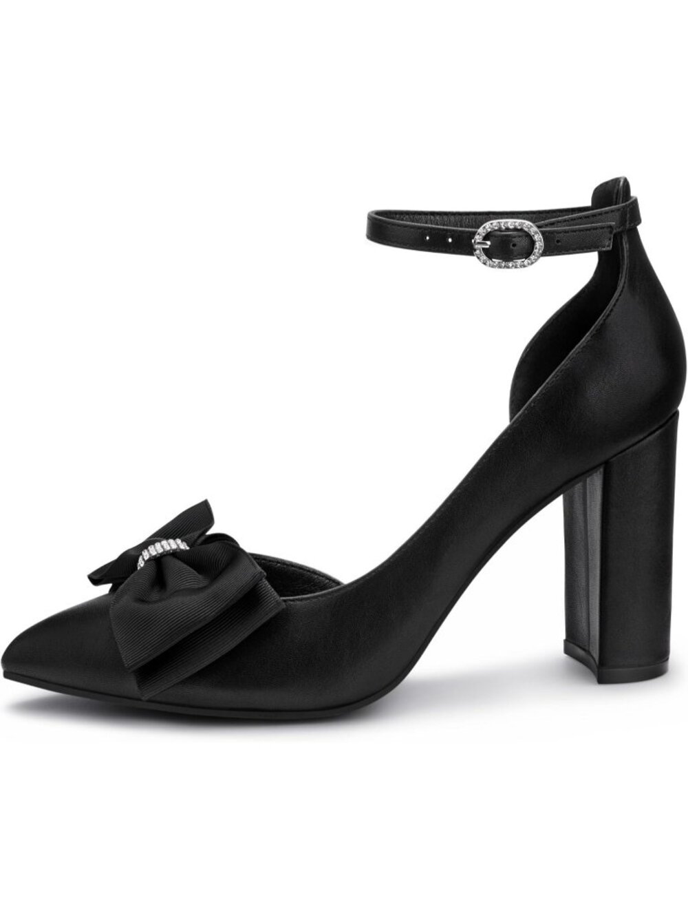Women's Black Pu Pointed Toe Pumps Bow on Toe Ankle Strap Chunky Block Heel - Picture 4 of 6
